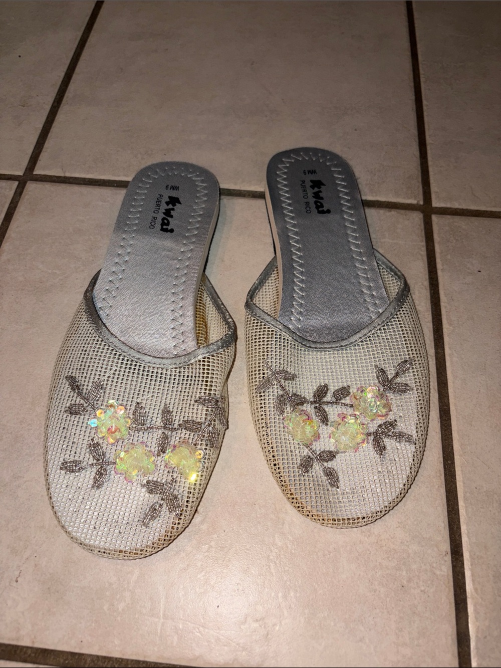 Embroidered Floral Beige Slip-On Slippers with Sequin Accents